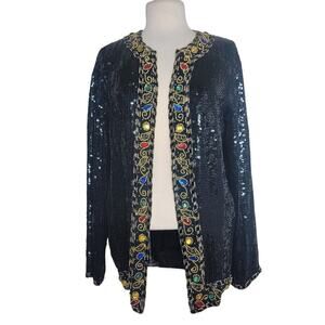 Vintage 100% Silk Natural Fibers Sequin Beaded Accent Open Front Party Jacket XL